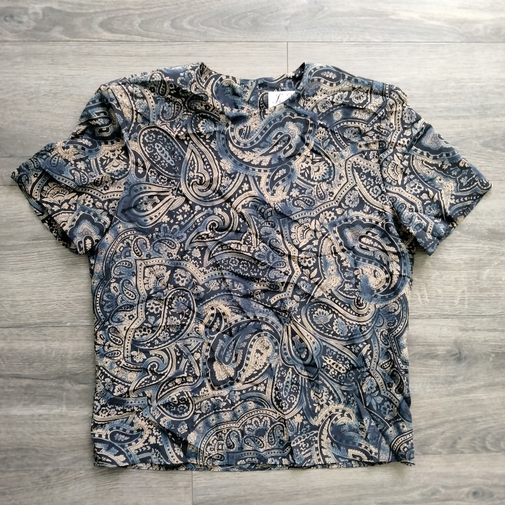 Vintage Le Suit Paris New York Short Sleeve Paisley Print Top Blouse Size 6
